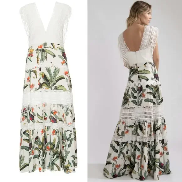 PatBo NWT Tropical Print Lace Trim Maxi Dress - Picture 2 of 12